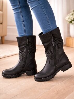 Sheridan Mia Black Lace-Up Mid-Calf Boots